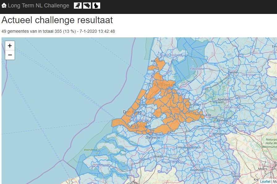 Screenshot van de Long Term Challenge: gemeentes die wel en nog niet zijn doorkruisd.